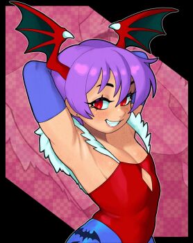  1girl animal_print arm_over_head armpit_crease armpits bat_print bat_wings blue_gloves blue_pantyhose breasts capcom champchidi clothing_cutout darkstalkers demon_girl diamond_cutout elbow_gloves fang gloves grin hair_between_eyes head_wings highleg highleg_leotard highres inset leotard lilith_(darkstalkers) looking_at_viewer off-shoulder_leotard pantyhose print_pantyhose projected_inset purple_hair red_eyes red_leotard short_hair sidelocks small_breasts smile solo stretching wings 
