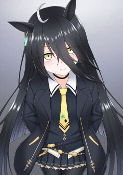  1girl ahoge animal_ears black_choker black_coat black_gloves black_hair black_pantyhose black_shirt black_skirt blush choker closed_mouth coat collared_shirt commentary_request ear_tag earrings gloves hair_between_eyes hands_in_pockets highres holiday_sakawa horse_ears horse_girl jewelry long_bangs long_hair long_hair_between_eyes long_sleeves manhattan_cafe_(creeping_shadow)_(umamusume) manhattan_cafe_(umamusume) multicolored_hair necktie pantyhose shirt single_earring skirt solo umamusume white_hair yellow_eyes yellow_necktie 