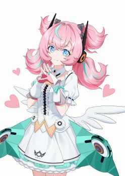  1girl absurdres aqua_eyes aqua_hair blue_eyes blue_hair chinese_commentary commentary_request dress gloves headphones heart highres looking_at_viewer mechanical_wings multicolored_eyes multicolored_hair pink_eyes pink_hair short_sleeves simple_background smile solo ssk_3 streaked_hair twintails virtual_youtuber white_background white_dress wings yutane_johiel zenless_zone_zero 