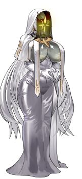  1girl absurdres black_veil bodysuit breast_curtains breasts commentary_request covered_face dress faceless faceless_female framed_breasts gamjasssak gloves goddess_of_victory:_nikke grey_bodysuit heart highres korean_commentary large_breasts long_hair nun nun_headdress smile solo standing v.t.c._priestess_(nikke) veil veil_over_eyes white_dress white_gloves white_hair 