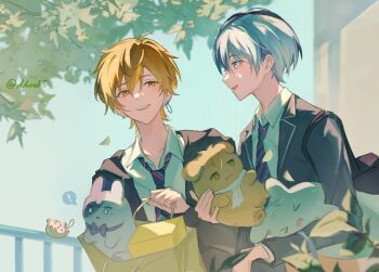  2boys aoyagi_touya bag commentary_request holding holding_bag holding_stuffed_toy jacket leaf looking_at_another multicolored_hair multiple_boys necktie no_more_sorrow open_mouth project_sekai railing school_uniform shinonome_akito shoulder_bag smile stuffed_animal stuffed_toy tree watermark 