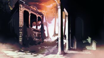  ballads_at_midnight cloud cloudy_sky cobblestone column courtyard highres no_humans non-web_source official_art outdoors path pillar road scenery sky stairs star_(sky) starry_sky sunset 