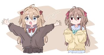  2girls :3 :d ahoge aqua_bow aqua_bowtie blue_eyes blue_sailor_collar blue_serafuku blue_skirt blush border bow bowtie broken_heart broken_heart_hair_ornament brown_background brown_cardigan brown_hair brown_skirt cardigan closed_mouth collared_shirt cosplay costume_switch cropped_torso double-parted_bangs evil_neuro-sama hair_between_eyes hair_intakes hair_ornament hair_ribbon hands_up hashtag-only_commentary headwear_switch heart heart_hair_ornament highres jitome kosame long_hair looking_at_another looking_at_viewer multiple_girls neuro-sama open_mouth outstretched_arms pink_ribbon red_bow red_bowtie red_eyes red_ribbon ribbon sailor_collar school_uniform serafuku shirt siblings sisters skirt sleeves_past_fingers sleeves_past_wrists smile torn_bowtie torn_ribbon twins two_side_up vedal_ai white_border white_shirt wide-eyed yellow_cardigan 