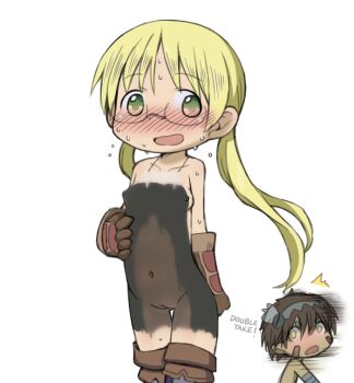  1boy blonde_hair bodypaint brown_eyes brown_hair donoteat glasses green_eyes loli made_in_abyss nipples nude painted_clothes pussy reg_(made_in_abyss) riko_(made_in_abyss) third-party_edit 