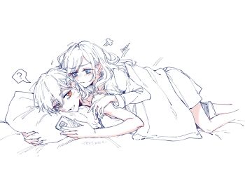  2girls :d ? alternate_costume bare_shoulders camisole cellphone ceras_yanagida_lilienfeld commentary cropped_legs dated english_text feet_out_of_frame head_on_pillow highres holding holding_phone jacket katsuragi_izumi link!_like!_love_live! long_sleeves love_live! lying lying_on_person multiple_girls on_stomach open_mouth phone pillow puff_of_air signature smartphone smile speech_bubble spoken_question_mark symbol-only_commentary under_covers virtual_youtuber yrxy_settingsun 