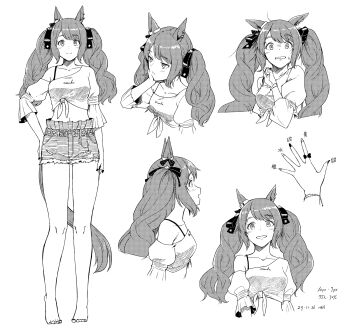  1girl :d animal_ears bare_legs barefoot bored bow bra_strap commentary_request cropped_arms cropped_torso cutoffs dated denim denim_shorts disembodied_hand ear_bow ear_ornament ear_piercing ears_down elbow_rest finger_bow frills from_side full_body greyscale hair_ribbon half-closed_eyes hand_on_own_chin hand_on_own_hip hand_up hatching_(texture) head_rest heel_up highres horse_ears horse_girl horse_tail kawashina_(momen_silicon) linear_hatching long_hair looking_afar looking_ahead looking_at_viewer looking_to_the_side loose_hair_strand monochrome multicolored_nails multiple_expressions multiple_views nail_polish open_mouth parted_lips piercing profile raised_eyebrows ribbon shirt short_shorts shorts signature simple_background single_bare_shoulder smile standing straight-on surprised sweatdrop tail tareme tied_shirt tosen_jordan_(casual)_(umamusume) tosen_jordan_(umamusume) translation_request twintails umamusume wavy_hair white_background wide_sleeves 