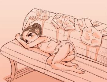  1girl ass black_hair blush breasts female_focus flat_chest full_body lingerie loli monochrome naoki_(shibu_asa_ryo) original small_breasts solo tagme thighs underwear wet  rating:Questionable score:98 user:Lolix