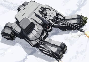  armored_core cataphract_(armored_core_vi) caterpillar_tracks firing from_above gatling_gun gun highres mecha muscle_tracer_(armored_core) no_humans outdoors robot science_fiction snow tank_turret tyokugekidato weapon 