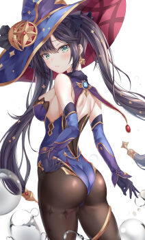 1girl aqua_eyes ass back bare_shoulders black_gloves black_hair blue_hat blue_leotard bnari breasts brown_pantyhose bubble cowboy_shot detached_sleeves earrings from_behind genshin_impact gloves gold_trim hat highleg highleg_leotard highres jewelry leotard long_hair long_sleeves looking_at_viewer looking_back medium_breasts mona_(genshin_impact) pantyhose sidelocks simple_background solo standing strapless strapless_leotard thighlet twintails white_background witch_hat rating:Sensitive score:63 user:danbooru