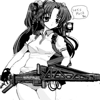  1girl alien_(series) aliens_(1986) borrowed_weapon breasts buruma caseless_firearm clannad collared_shirt commentary_request cowboy_shot curtained_hair electronic_firearm english_text fingerless_gloves gloves greyscale gun gym_uniform hair_bobbles hair_ornament headset heavy_machine_gun holding holding_gun holding_weapon ichinose_kotomi impossible_clothes impossible_shirt large_breasts long_hair m56_smartgun machine_gun mixed-language_text monochrome polo_shirt shirt short_sleeves simple_background solo speech_bubble standing toshi_(little-fluffy-cloud) translation_request two_side_up weapon 