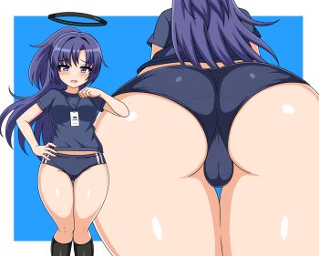  absurdres ass black_halo black_shirt black_socks blue_archive blue_background blue_buruma blue_eyes blush border buruma cameltoe cleft_of_venus commentary_request curvy double_vertical_stripe from_below gym_shirt halo highres lanyard long_hair mechanical_halo multiple_girls open_mouth purple_hair pussy shirt short_sleeves smile socks tankuro_uri thighs trefoil white_border yuuka_(blue_archive) yuuka_(track)_(blue_archive) 