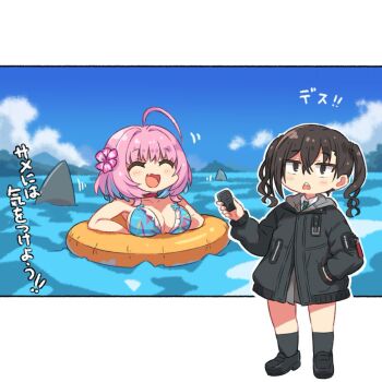  2girls ^_^ ahoge bikini black_hair blue_sky blush breasts chibi chibi_only closed_eyes cloud commentary_request day flower hair_between_eyes hair_flower hair_ornament hand_in_pocket highres holding idolmaster idolmaster_cinderella_girls jacket large_breasts multicolored_hair multiple_girls open_mouth outdoors pink_flower pink_hair shark shark_fin short_hair sky socks standing sunazuka_akira swimsuit taru_haru translation_request water yumemi_riamu 