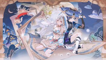  1boy 1girl antenna_hair arabian_clothes arm_cutout armlet armor arms_at_sides artist_request bandeau bead_bracelet beads black_bodysuit black_bow black_sandals black_shorts blue_bandeau blue_cape blue_hat blue_jingasa blue_kimono blue_skirt blue_sleeves blue_veil bodysuit book border bow bracelet braid breasts bridal_gauntlets brown_border building bush cape carpet chain cleavage closed_mouth clothing_cutout cloud commentary commission commissioner_insert couple crescent_moon detached_sleeves earrings english_commentary eyelashes fingernails flying full_moon gem genshin_impact gold gold_chain gold_collar gold_earrings gold_ring grey_bridal_gauntlets hair_jewelry half_moon hand_up harem_outfit hat hayami_momo_(hayamimomo) head_chain hetero highres holding holding_book indian_style japanese_armor japanese_clothes jewelry jingasa juban kimono knee_up kote kurokote layered_sleeves leaf leg_warmers long_hair magic_carpet mandala mandarin_collar middle_ring moon moon_phases navel oc_x_canon open_clothes open_hand open_kimono original ornate_border pillar pink_eyes plant purple_sash red_gemstone red_ribbon ribbon sandals sash scaramouche_(genshin_impact) second-party_source short_sleeves shorts shoulder_peek side_braid single_braid sitting skirt smile split_mouth star_(sky) stirrup_legwear sun tareme tassel tilted_headwear toeless_legwear toenails toes tree veil very_long_hair wanderer_(genshin_impact) wariza watermark white_hair white_kimono white_leg_warmers white_sleeves white_trim zouri 