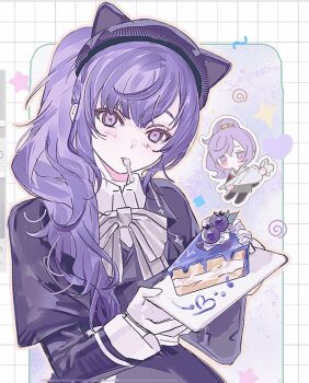  1girl animal_hat asahina_mafuyu black_shirt blueberry bow bowtie cake cat_hat chibi chibi_inset food freesia_quan fruit gloves hat head_tilt heart highres holding holding_plate long_hair long_sleeves plate project_sekai purple_eyes purple_hair purple_hat shirt side_ponytail sidelocks solo sparkle spiral spoon star_(symbol) upper_body utensil_in_mouth wavy_hair white_bow white_gloves 