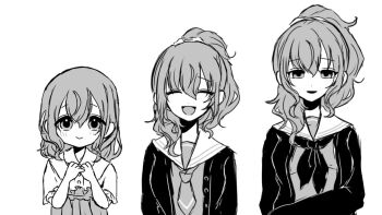  1girl 25-ji_nightcord_de._(project_sekai) age_progression asahina_mafuyu child greyscale mahu_night monochrome necktie project_sekai school_uniform serafuku smile white_background  rating:General score:0 user:Hullyen