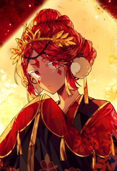 1girl braid braided_bun buchu14569590 closed_mouth colored_eyelashes commentary cookie_run cookie_run:_ovenbreak dark-skinned_female dark_skin diamond_(shape) earrings expressionless facial_mark forehead_jewel gem gold_tiara hair_bun hand_up humanization japanese_clothes jewelry jitome kimono light_frown light_particles long_sleeves looking_at_viewer official_alternate_costume parted_bangs pom_pom_(clothes) pomegranate_cookie pomegranate_cookie_(twisted_labyrinth) red_eyes red_gem red_hair red_kimono short_hair sidelighting sidelocks simple_background sleeves_past_fingers sleeves_past_wrists solo untranslatable_commentary tassel tassel_earrings triple_bun tsurime upper_body upturned_eyes white_eyelashes wide_sleeves yellow_background