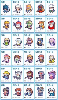  6+boys 6+girls armor axe battle_axe beard black_hair blonde_hair blue_eyes bow_(weapon) brown_eyes brown_hair character_request closed_eyes commentary_request diane_(monster_maker) facial_hair green_eyes grey_eyes grey_hair hat helmet holding holding_bow_(weapon) holding_staff holding_sword holding_weapon kirai_shouen lorien_(monster_maker) mirienu_(monster_maker) monster_maker multiple_boys multiple_girls mustache nimrem_(monster_maker) orange_eyes orange_hair pink_hair pixel_art polearm purple_eyes purple_hair rufia_(monster_maker) shield spear staff sword translation_request weapon white_hair witch_hat 