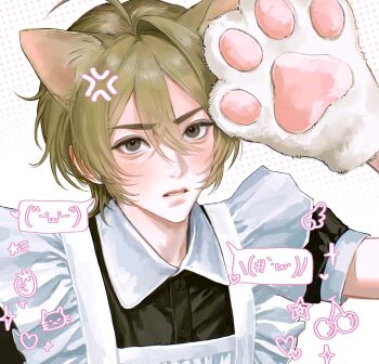  1boy aegyo_sal alternate_costume anger_vein animal_hands apron arm_up black_dress blonde_hair blush brown_eyes cherry collared_dress crossdressing crossdressing_(mtf) double-parted_bangs dress emoticon enmaided food frilled_apron frills fruit hair_between_eyes hashtag-only_commentary heart highres kaomoji looking_at_viewer maid maid_apron male_focus male_maid nk_6fal original parted_lips short_hair short_sleeves solo speech_bubble spoken_expression star_(symbol) white_apron wing_collar 