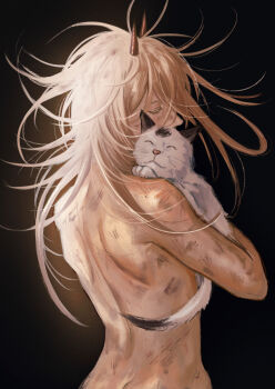  1girl absurdres animal back back_focus black_background blonde_hair cat chainsaw_man closed_eyes covered_mouth demon_horns dirty dirty_face eyelashes from_behind highres holding holding_animal holding_cat horns long_hair meowy_(chainsaw_man) messy_hair ndsoda nude power_(chainsaw_man) red_horns simple_background solo upper_body 