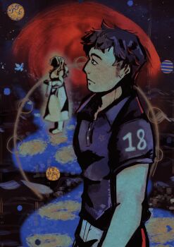  1boy 1girl bird black_hair blue_shirt closed_mouth collared_shirt diana_(kyokugen_dasshutsu) highres kyokugen_dasshutsu long_hair long_skirt long_sleeves loyailieutenant non-web_source planet shirt short_hair short_sleeves sigma_(kyokugen_dasshutsu) skirt solo_focus space standing star_(symbol) zero_escape:_toki_no_dilemma 