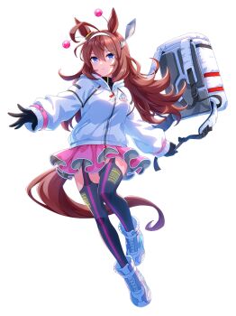  1girl animal_ears backpack bag black_garter_belt black_garter_straps black_gloves black_socks black_thighhighs blue_eyes breasts brown_hair brown_tail closed_mouth dot_nose ear_ornament female_focus full_body game_cg garter_belt garter_straps gloves hairband highres holding holding_bag hood hood_down hooded_jacket hoodie horse_ears horse_girl horse_tail jacket long_hair long_sleeves looking_at_viewer medium_breasts mihono_bourbon_(uma_stars)_(umamusume) mihono_bourbon_(umamusume) miniskirt official_art pink_skirt sexually_suggestive shoes skirt socks solo solo_focus tail thighhighs umamusume white_bag white_hairband white_jacket white_shoes 