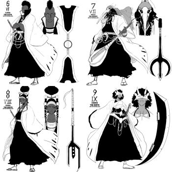  2boys 2girls animal_skull bird_skull black_kimono bleach character_name crossed_arms dark-skinned_female dark-skinned_male dark_skin double_blade dreadlocks facepaint facial_hair goatee_stubble greyscale haori highres holding holding_instrument instrument japanese_clothes kimono long_hair long_sleeves mask mohawk monochrome multiple_boys multiple_girls mythallica numbered original polearm shihakusho shinigami short_hair skull_mask stubble taichou_haori trident updo v-shaped_eyebrows very_dark_skin weapon white_haori wide_sleeves zanpakutou 
