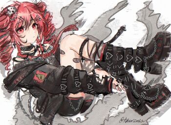  1girl akari_(akariimia) artist_name bandages black_boots black_choker black_jacket boots choker closed_mouth commentary dot_nose drill_hair earrings english_commentary hair_between_eyes hair_ornament highres holding_hands jacket jewelry kasane_teto knee_boots looking_at_viewer open_clothes open_jacket red_eyes red_hair signature solo twin_drills twintails utau 