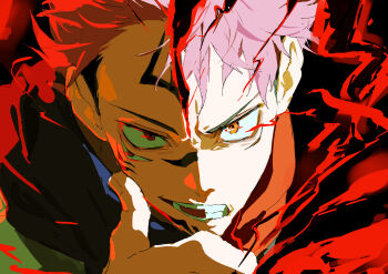  2boys 333takoyaki absurdres black_flash_(jujutsu_kaisen) brown_eyes commentary_request dual_persona facial_mark highres itadori_yuuji jujutsu_kaisen male_focus multiple_boys pink_hair possessed ryoumen_sukuna_(jujutsu_kaisen) spiked_hair 