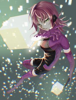  1girl absurdres arm_blade boots breasts commentary cube elbow_gloves energy_blade floating_hair gloves green_background green_eyes gun handgun headphones highres holding holding_gun holding_weapon jacket katori_squad's_uniform katori_youko large_breasts looking_at_viewer medium_hair perenano purple_boots purple_gloves purple_jacket red_hair short_jumpsuit short_sleeves solo thigh_boots thighhighs weapon world_trigger 