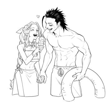  1boy 1girl aerith_gainsborough bare_shoulders bikini black_hair bracelet braid braided_ponytail commentary_request couple cowboy_shot cross_scar earrings facial_scar facing_another final_fantasy final_fantasy_vii flower hair_flower hair_ornament hair_ribbon heart height_difference hetero holding holding_hands holding_ice_cream_cone holding_swim_ring ice_cream_cone innertube jewelry lineart long_hair male_swimwear muscular muscular_male mush820823 navel open_mouth parted_bangs pectorals ponytail ribbon ring sarong scar scar_on_cheek scar_on_face smile spiked_hair stomach stud_earrings swim_ring swim_trunks swimsuit topless_male white_background zack_fair 