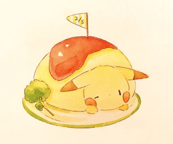  broccoli commentary_request dated food full_body gen_1_pokemon highres ketchup nintendo no_humans omelet omurice one_eye_closed painting_(medium) pikachu plate pokemon pokemon_(creature) simple_background solo traditional_media watercolor_(medium) yukichi_0611 