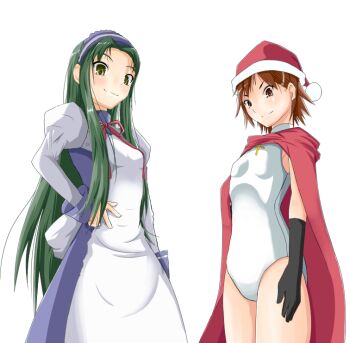  2-kai_no_rinjin 2girls amagami bad_id bad_pixiv_id brown_eyes brown_hair cape crossover gloves green_hair hat itou_kanae_(amagami) leotard long_hair looking_at_viewer matsuoka_yuki multiple_girls santa_hat short_hair simple_background suzumiya_haruhi_no_yuuutsu tsuruya very_long_hair voice_actor_connection waitress white_background yellow_eyes 