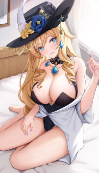 1girl absurdres arayuki_(sakurafubuki) bare_shoulders barefoot black_hat black_leotard blonde_hair blue_eyes blush breasts cleavage detached_collar drill_hair drill_sidelocks flower genshin_impact grin hat hat_feather hat_flower highleg highleg_leotard highres jewelry leotard long_hair looking_at_viewer medium_breasts nail_polish navia_(genshin_impact) necklace off_shoulder sidelocks smile solo thighs rating:Sensitive score:68 user:danbooru