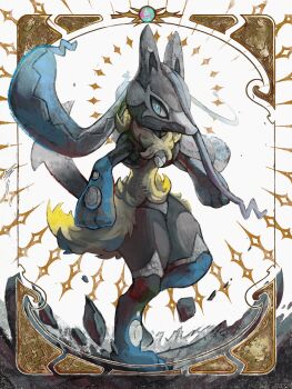  1other absurdres animal_ears black_fur blue_eyes blue_fur body_fur commentary english_commentary full_body furry gen_4_pokemon highres jjfsantos looking_at_viewer lucario mega_evolution_symbol mega_lucario_z mega_pokemon multicolored_fur nintendo other_focus pokemon pokemon_(creature) pokemon_focus pokemon_legends:_z-a solo tail yellow_fur 