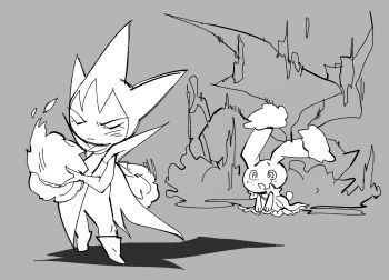  1boy 2015 blush boots buneary cape cave closed_eyes commentary dress facing_away flower full_body gen_3_pokemon gen_4_pokemon grey_background lapels legs_apart monoka monster_boy motojima_hakka nintendo on_floor open_mouth plant plant_boy pokemon pokemon_(creature) pokemon_focus rabbit_ears rabbit_girl rabbit_tail rose roselia_(pokemon) shadow simple_background spiked_hair standing worried 