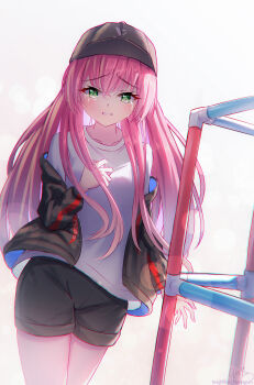  1girl aikawa_megumi aikawa_megumi_(casual) baseball_cap black_jacket black_shorts blush clenched_hand clenched_teeth collarbone commentary_request cowboy_shot crying crying_with_eyes_open eyelashes floating_hair furrowed_brow green_eyes green_pupils hair_between_eyes hair_down hand_up hat heaven_burns_red highres jacket jacket_partially_removed jungle_gym lens_flare long_hair looking_at_viewer official_alternate_costume official_alternate_hairstyle open_clothes open_jacket pink_hair sad shiki_hamaguri shirt shorts sidelighting signature simple_background solo straight_hair tears teeth tsurime very_long_hair white_background white_shirt 