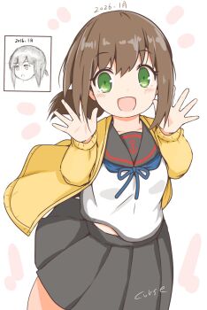 1girl artist_name before_and_after black_sailor_collar black_skirt blue_sailor_collar brown_hair commentary_request cowboy_shot curse_(023) fubuki_(kancolle) fubuki_kai_ni_(kancolle) green_eyes highres jacket kantai_collection low_ponytail medium_hair pleated_skirt ponytail sailor_collar school_uniform serafuku shirt sidelocks skirt smile solo waving white_shirt yellow_jacket 