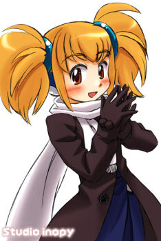  1girl blonde_hair blush brown_eyes brown_gloves cowboy_shot female_focus gloves happy long_sleeves looking_at_viewer original scarf short_hair simple_background smile solo standing studio_inopy twintails white_background white_scarf  rating:General score:3 user:danbooru