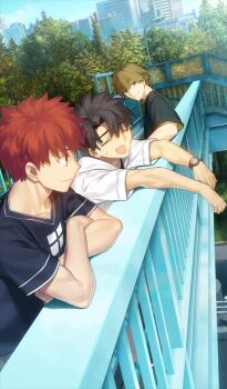  3boys against_railing artist_collaboration black_hair black_shirt blue_shirt bridge brown_hair chaldea_boys_collection closed_mouth commentary_request dutch_angle emiya_shirou fate/grand_order fate_(series) fujimaru_ritsuka_(male) game_cg kishinami_hakuno_(male) male_focus multiple_boys my_kind_of_abduction official_art open_mouth partial_commentary railing red_hair senji_muramasa_(fate) shirt short_hair short_sleeves sweatdrop takeuchi_takashi third-party_source urban wada_arco watch white_shirt wristwatch 