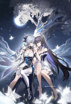  2girls absurdres alternate_hair_length alternate_hairstyle black_hair breasts bronya_zaychik bronya_zaychik_(silverwing:_n-ex) bug butterfly cleavage commentary cross cross_earrings crossed_bangs dress drill_hair earrings english_commentary grey_eyes grey_hair hair_between_eyes high_heels highres honkai_(series) honkai_impact_3rd insect jewelry long_hair looking_at_another medium_breasts mie_xing multicolored_hair multiple_girls purple_hair seele_vollerei seele_vollerei_(apho) single_thighhigh thighhighs tree twin_drills very_long_hair white_dress yuri 