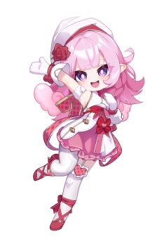  1girl armpits beret chibi chibi_only dress elf elysia_(hi_love_elf)_(honkai_impact) elysia_(honkai_impact) gloves hashtag-only_commentary hat highres honkai_(series) honkai_impact_3rd jfifwebp long_hair looking_at_viewer pink_dress pink_hair pointy_ears purple_eyes red_shoes shoes simple_background smile solo thighhighs very_long_hair white_background white_gloves white_thighhighs 
