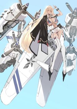  1girl azur_welkin b-17_flying_fortress bikini black_choker black_coat blonde_hair blue_background blue_eyes breasts choker coat coat_on_shoulders dishwasher1910 fingerless_gloves garter_straps gloves gyaru hair_ornament hairclip highres large_breasts long_hair mecha_musume open_clothes open_coat original personification piston propeller see-through_clothes see-through_skirt simple_background skirt solo swimsuit tan thighhighs very_long_hair white_gloves white_thighhighs wings 