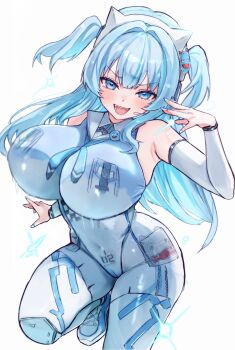  1girl absurdres animal_ear_headphones animal_ears blue_eyes blue_hair bodypaint bodysuit breasts cat_ear_headphones cat_ears curvy detached_sleeves fake_animal_ears goddess_of_victory:_nikke headphones headset highres huge_breasts kunimoto_rikuya long_hair looking_at_viewer mekami_shifty_(nikke) multicolored_bodysuit number_print open_mouth painted_clothes short_twintails smile solo twintails white_background white_bodysuit 