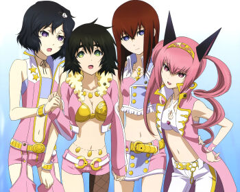  1boy 3girls akiha_rumiho black_hair blue_eyes brown_hair cosplay drill_hair faris_nyannyan fishnet_legwear fishnets green_eyes highres idolmaster jewelry long_sleeves makise_kurisu midriff multiple_girls navel open_mouth pants pink_hair purple_eyes sakai_kyuuta science_adventure shiina_mayuri simple_background skirt sleeveless smile standing steins;gate trap urushibara_luka  rating:Sensitive score:34 user:Hepooh