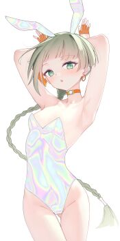  1girl absurdres animal_ears armpits arms_up blush braid breasts brown_hair character_request choker commentary copyright_request cowboy_shot fake_animal_ears fingerless_gloves gloves green_eyes highres iridescent_clothes leotard long_hair looking_at_viewer open_mouth orange_choker orange_gloves penguin_(dx19291005) playboy_bunny rabbit_ears rabbit_pose simple_background single_braid small_breasts solo standing strapless strapless_leotard untranslatable_commentary very_long_hair white_background white_leotard 