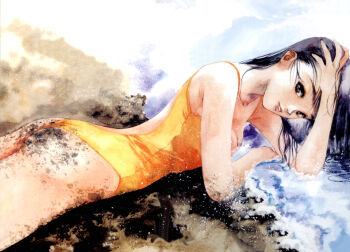  1girl ass beach black_eyes black_hair choujikuu_yousai_macross dirty hand_on_own_head highres looking_at_viewer lying lynn_minmay macross mikimoto_haruhiko official_art on_side painting_(medium) promotional_art sand scan swimsuit traditional_media water wet 