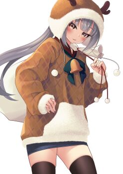  1girl absurdres alternate_costume animal_hood antlers bell black_skirt black_thighhighs brown_eyes brown_sweater commentary_request cowboy_shot grey_hair highres hood hood_up hooded_sweater horns kantai_collection kasumi_(kancolle) makura_(y_makura) pencil_skirt reindeer_antlers reindeer_hood sac side_ponytail simple_background skirt solo sweater thighhighs 