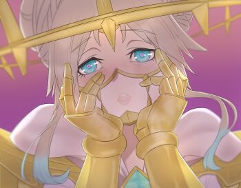  1girl armor blonde_hair blue_eyes blush boobplate braid braided_bun breastplate breasts cleavage commentary_request crazy crazy_eyes crazy_smile crown digimon digimon_(creature) double_bun double_halo gauntlets gold_armor gold_crown hair_bun halo hand_on_own_face hands_on_own_cheeks hands_on_own_face heart heart-shaped_pupils junomon large_breasts looking_at_viewer mask mouth_mask multiple_halos ninja_mask open_mouth parody parted_bangs portrait rape_face sidelocks smile solo symbol-shaped_pupils taira_(tairamon) white_mask yandere yandere_trance 