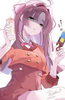  1girl ahoge baby_bottle bottle commentary disgust dress empty_eyes glaring green_eyes hair_intakes hair_ribbon highres holding holding_bottle holding_rattle kobayashi_mikuru long_hair looking_at_viewer looking_down meitantei_precure! padallae parted_lips pink_ribbon precure purple_hair rattle red_dress ribbon shaded_face shirt sitting solo sound_effects two_side_up white_shirt 