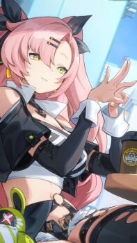  1girl black_ribbon black_thighhighs breasts cleavage clothing_cutout commentary crop_top denim denim_shorts detached_sleeves green_eyes hair_ornament hair_ribbon hairclip hands_up large_breasts long_hair long_sleeves looking_to_the_side mole navel nicole_demara official_art outdoors parted_lips pink_hair ribbon shorts shoulder_cutout sitting smile solo stomach thick_thighs thighhighs thighs torn_clothes torn_thighhighs two_side_up zenless_zone_zero 